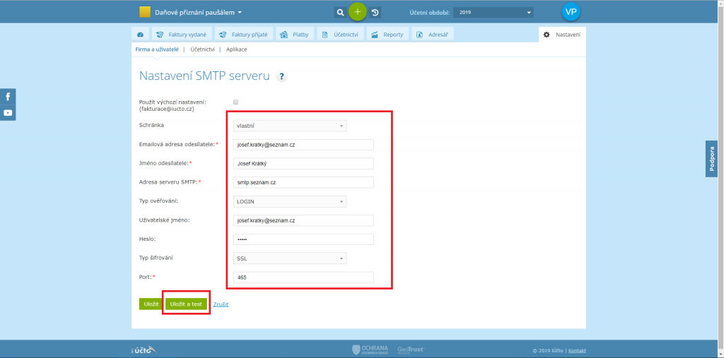 Nastavení SMTP serveru seznam.cz údaje