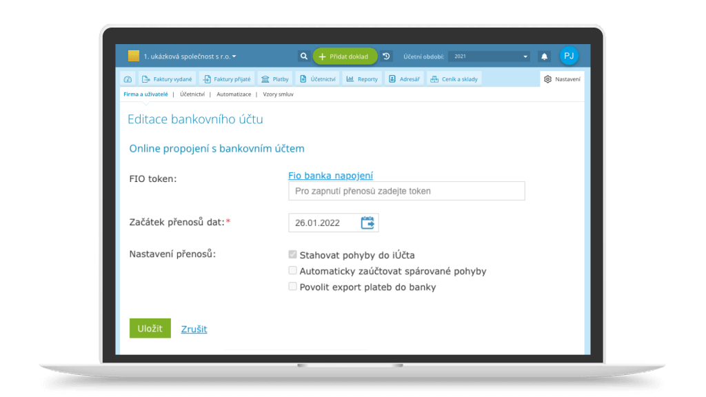 Detail bankovního účtu Fio v iÚčtu se sekcí Online propojení s bankovním účtem a polem FIO token