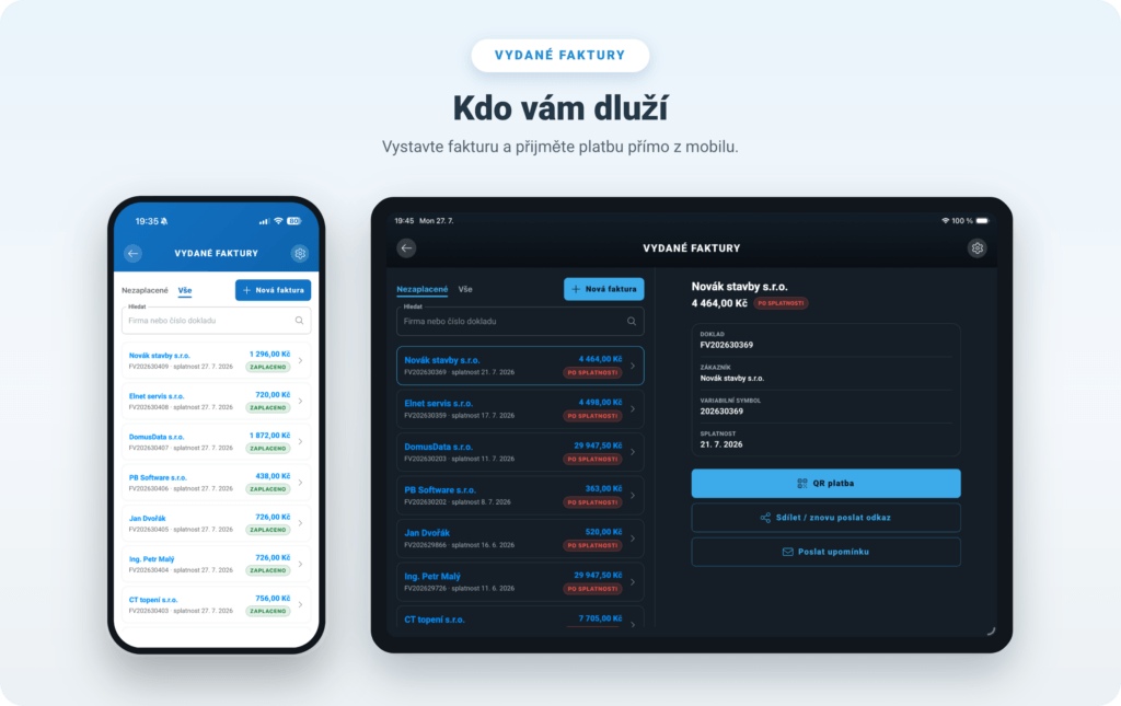 Modul Vydané faktury v mobilní aplikaci iÚčto s přehledem nezaplacených faktur
