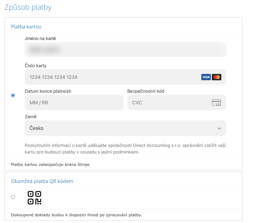 Výběr způsobu platby při nákupu dokladů: platba kartou nebo okamžitá platba QR kódem