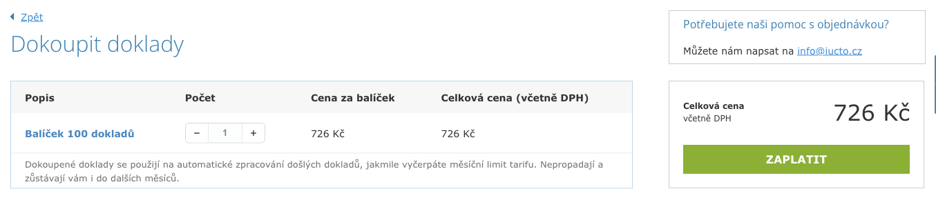 Rekapitulace nákupu balíčku dokladů s krokovačem počtu a celkovou cenou včetně DPH