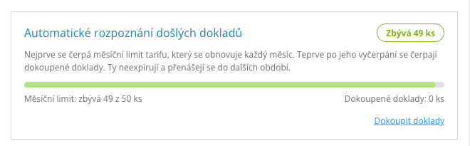 Karta Automatické rozpoznání došlých dokladů na Dashboardu iÚčta s ubývajícím proužkem a odkazem Dokoupit doklady